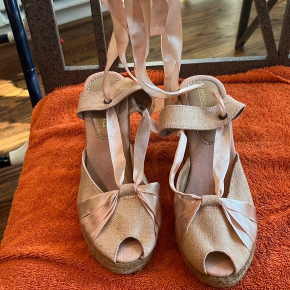 platform tie-up wedge espadrille sandal golden canvas w/pink ribbon shoe 5 1/2 - Picture 7 of 11